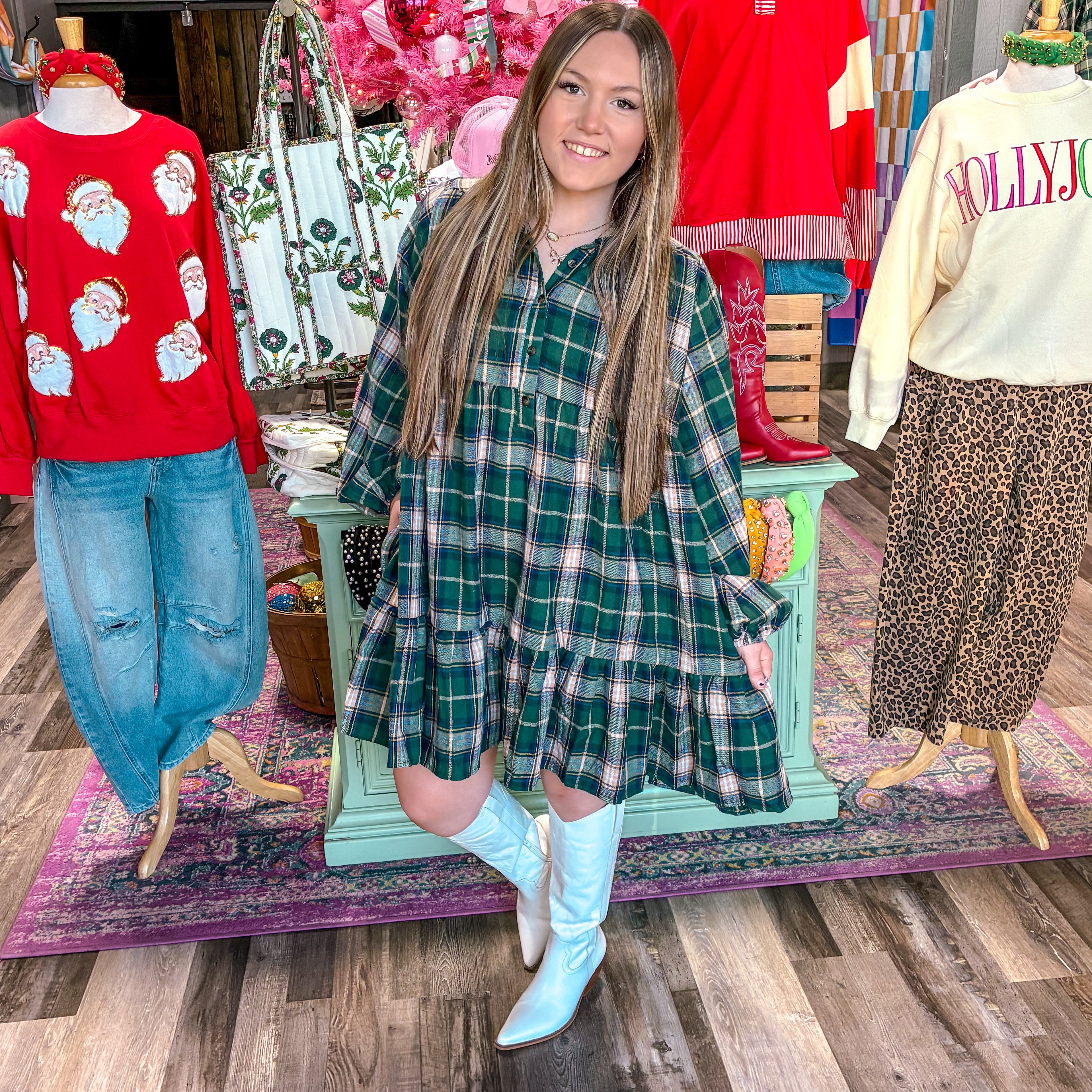 Sweet Pines Plaid Tiered Dress - Hunter Green Small Sweet Pines Plaid Tiered Dress - Hunter Green Small
