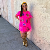 Queen of Sparkles: Neon Pink Mesh Overlay Ornament Dress