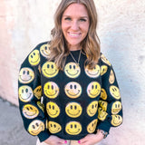 Queen of Sparkles: Black and Yellow Scattered Smiley Face Sweater