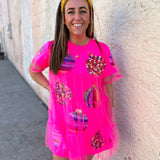 Queen of Sparkles: Neon Pink Mesh Overlay Ornament Dress