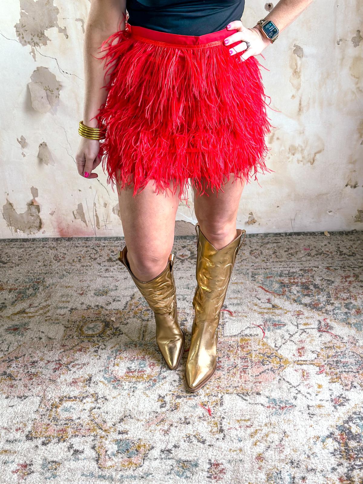 Queen of Sparkles: Bright Red Feather Skirt Medium